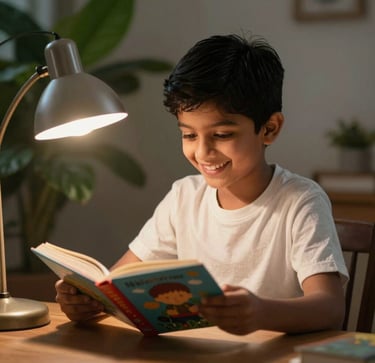 A cheerful South Asian / Indian child reading a storybook under the warm glow of a lamp in a cozy learning nook, smiling and confident, rich green plant in the corner, photography.