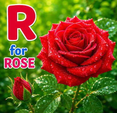 Educational alphabet card showing a red rose with water droplets and the letter R for rose.