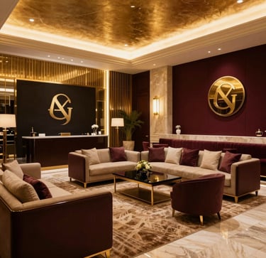 An elegant, high-class corporate celebration in a prestigious Gulf hotel lounge, with sleek branding display, sophisticated lounge seating, warm golden and deep burgundy ambient lighting, luxurious modern Middle Eastern decor.