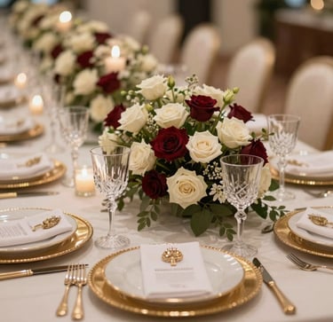 A premium wedding reception table setup in the Middle Eastern / Gulf region, decorated with fresh burgundy and cream white roses, gold-trimmed plates, crystal glassware, sparkling candlelight, prestigious and romantic atmosphere, soft warm focus, close-up shot.