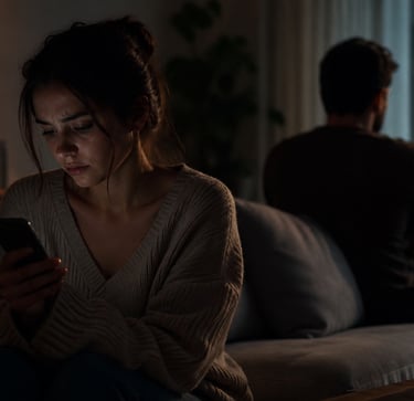 A somber woman looks at her phone while a man sits with his back to her, illustrating relationship problems or an argument.