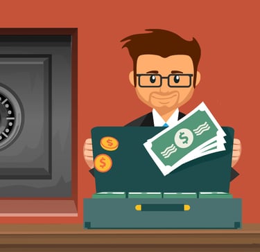 animated cartoon guy with briefcase of money and gold coins and safe in background