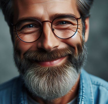 a man with a beard and glasses on his face