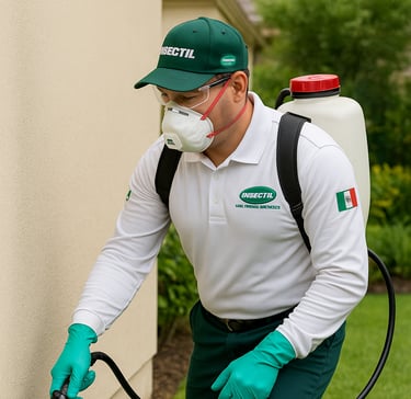 técnico realizando servicio de fumigación en jardín