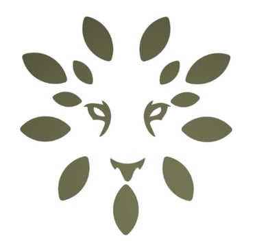 Minimalist olive green lion face logo composed of organic leaf shapes on a white background.
