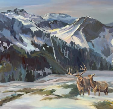'Echoes of Nature' 24x30 inches Mountain Landscape with Elk Oil Painting by Angela Moiseieva