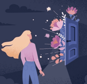 a woman with long blond hair is about to enter an ajar door with lots of flowers coming out of it