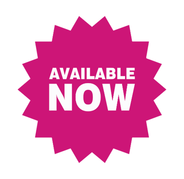 An eighteen point deep pink star with white text that says Available Now