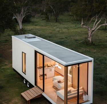 White tiny house on wheels with the lights on