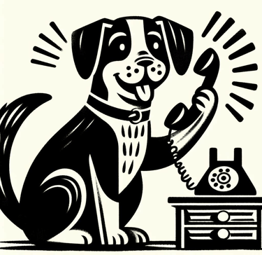 drawing of a dog sitting on a table with a phone in front of him
