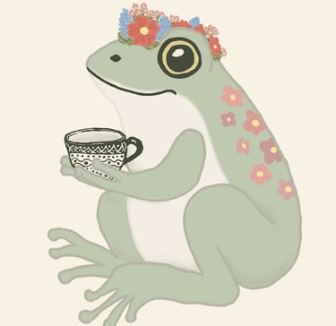 Cute flowery sage green frog sitting with a flower wreath, holding tea cup