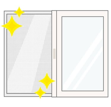 a window with a window screen and a starfish