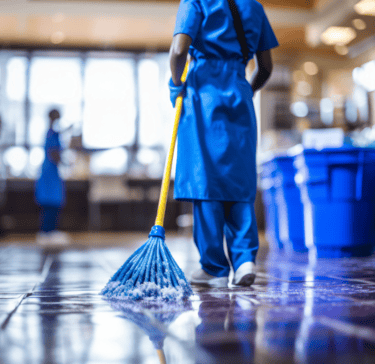 Limpiadoras con uniforme azul en un restaurante y una de ellas llevando una fregona en la mano.