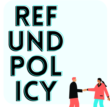 A man and woman shaking hands with the words refunded policy on a sign behind them.