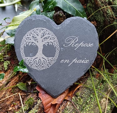 coeur en ardoise gravé pour tombe, sépulture, hommage, décès, message et image au choix