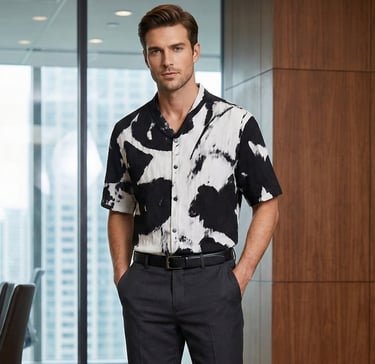 a man in a black and white shirt and tie dye dye dye