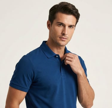 a man in a blue shirt and black pants