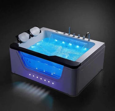 a bathtub with a blue led light and a blue light