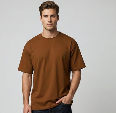 a man in a brown shirt and jeans standing in front of a white wall