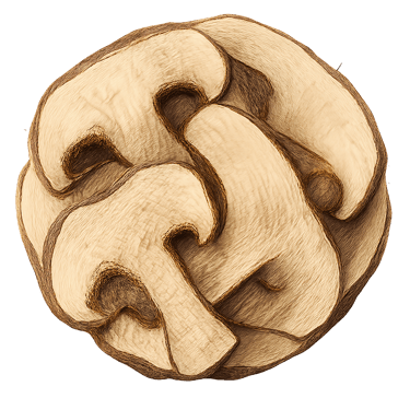 A close-up photograph of several dried mushroom slices with a beige texture and brown edges, presented within a circular frame.