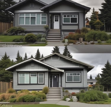 Before and after of a freshly painted Vancouver home exterior in red, blue, and white tones.