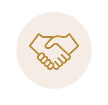     Minimal gold handshake icon representing trust, care, and long-term client relationships