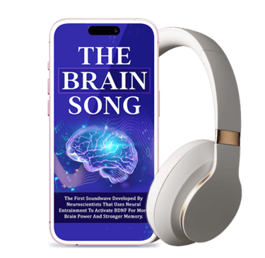"Smartphone showing 'THE BRAIN SONG' with a glowing brain graphic next to white over-ear headphones"