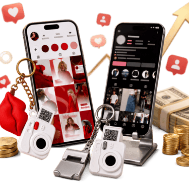 Smartphones displaying social media profiles next to cash, coins, and a growth arrow for influencer marketing.