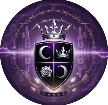Vaeloria's crest of 2 moons, a crown and rose set in a shield with wings. a crown under barbed wire sit at the top