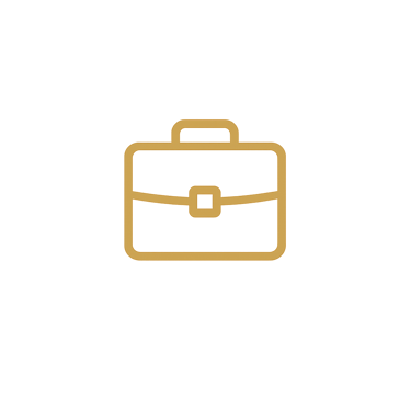Gold linear briefcase icon on a black background representing business and professional careers.