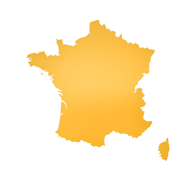 A golden yellow gradient map of France including Corsica isolated on a black background.
