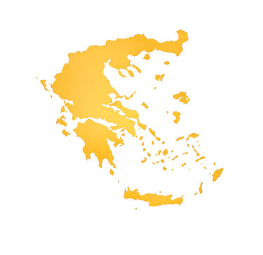A minimalist golden yellow map of Greece silhouette isolated on a solid black background.