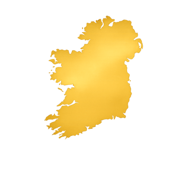 A golden silhouette map of the island of Ireland isolated on a solid black background.