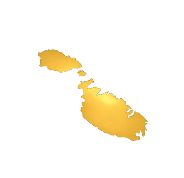 A golden metallic textured map silhouette of the islands of Malta against a solid black background.