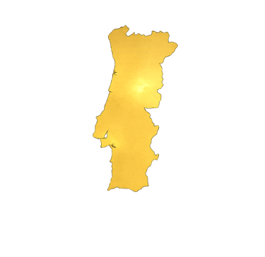 A glowing golden map of Portugal silhouette isolated on a solid black background.