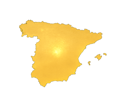 A golden textured map of Spain and the Balearic Islands isolated on a solid black background.