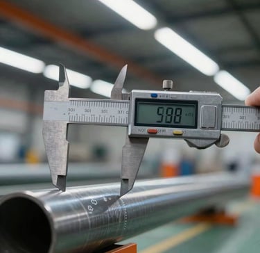 Macro detail shot of digital caliper measuring raw steel pipe on a factory floor, sharp fluorescent lighting, high-contrast industrial documentary style, 35mm