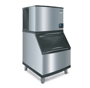 Commercial stainless steel ice machine with storage bin.