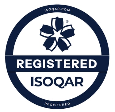 Official ISOQAR registered certification logo with blue circular emblem and floral icon.