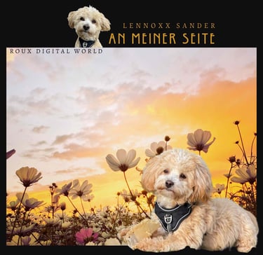 a dog sitting on a field with flowers