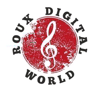 a red and white logo with the words roux digital world