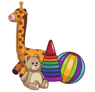 a giraffe with a toy and a toy