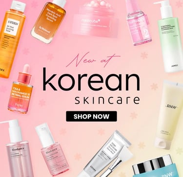 A collection of top-rated Korean skincare products like COSRX and Purito on a pink background.