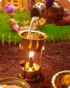 a kid girl cooking with miniature brass toy, pouring milk in a bowl