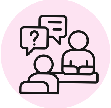 Group discussion icon representing workshops, questions and speaking sessions.