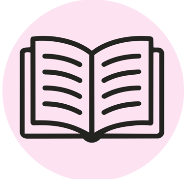 Open book icon representing practical books and online courses.