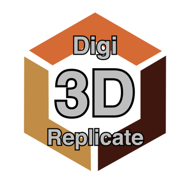 A logo with 3 shapes arranged in hexagon with text Digi 3D Replicate in the middle