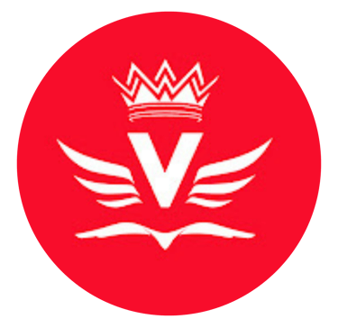 letra v com desenho de asas e coroa em fundo vermelho