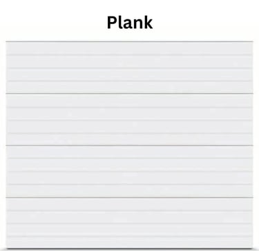 Modern white plank style garage door with horizontal paneling for a contemporary home exterior.