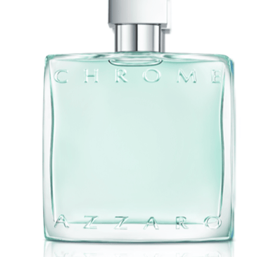 Azzaro Chrome Eau de Toilette cologne spray bottle with light blue fragrance and silver cap.